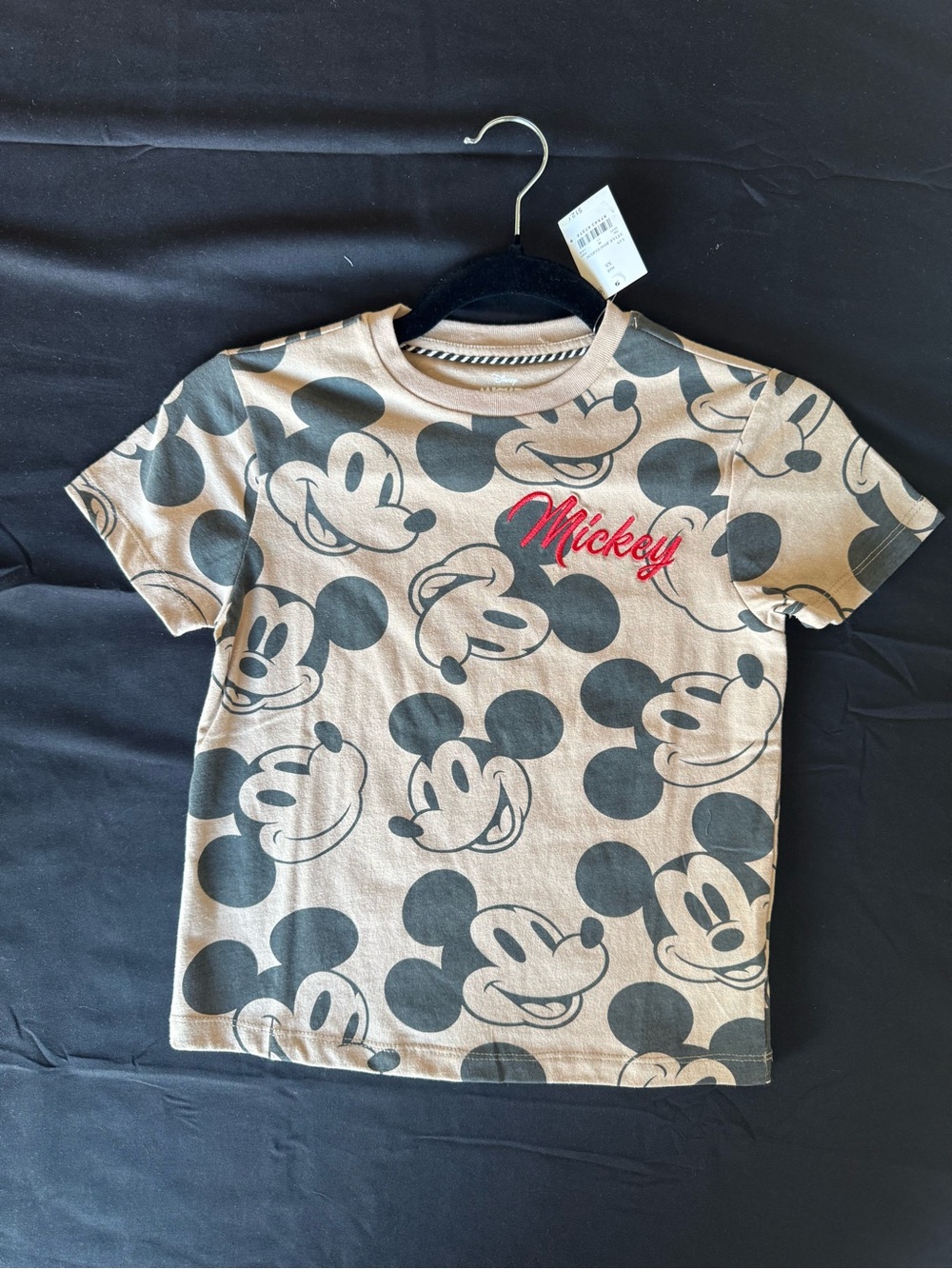 NWT Disney Mickey Mouse Kids Tan All Over Print Short Sleeve T-Shirt XS 4/5